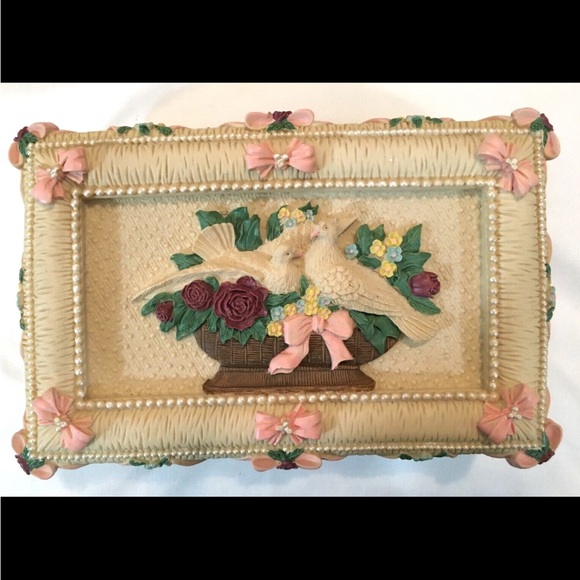 Source Unknown Other - Vintage Ornate Cast Resin Jewelry Box with Doves, Flowers, & Beadwork